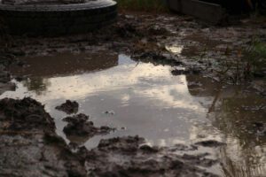 Aftermath of mudslide after heavy rainfall and post-wildfire