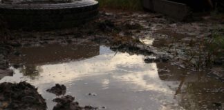 Aftermath of mudslide due to rainfall after wildfire