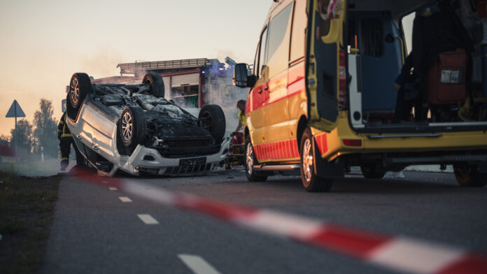 On,The,Car,Crash,Traffic,Accident,Scene,Rollover,Smoking,Vehicle multi-car accident, rolled car