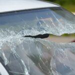 Broken windshield of crash vehicle