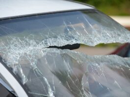 Broken windshield of crash vehicle