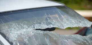 Broken windshield of crash vehicle