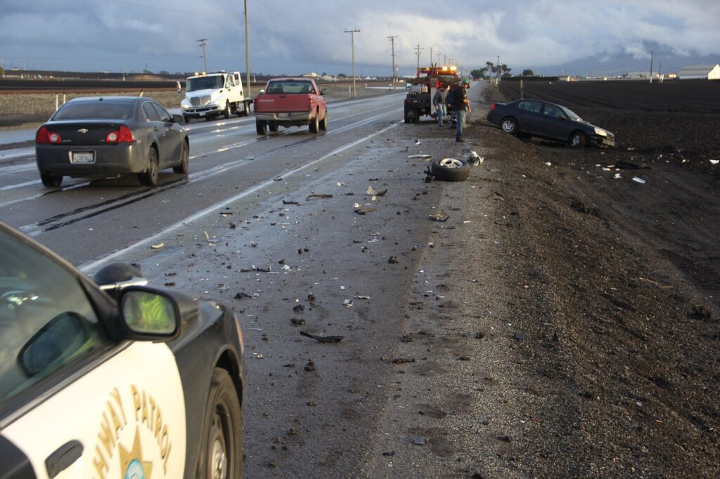 Highway patrol arrive to scene of car crash 