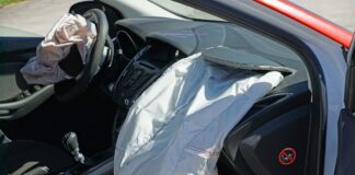 Exposed airbags depicted in vehicle after crash accident