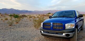 Blue Dodge Ram truck featured on road