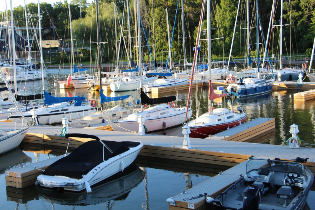 lake dock with multiple boats depicted