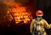 firefighter attempts to put out large structural fire