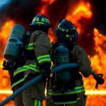 Firefighters attempt to extinguish large flames.
