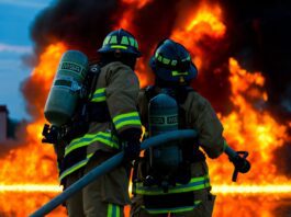 Firefighters attempt to extinguish large flames.
